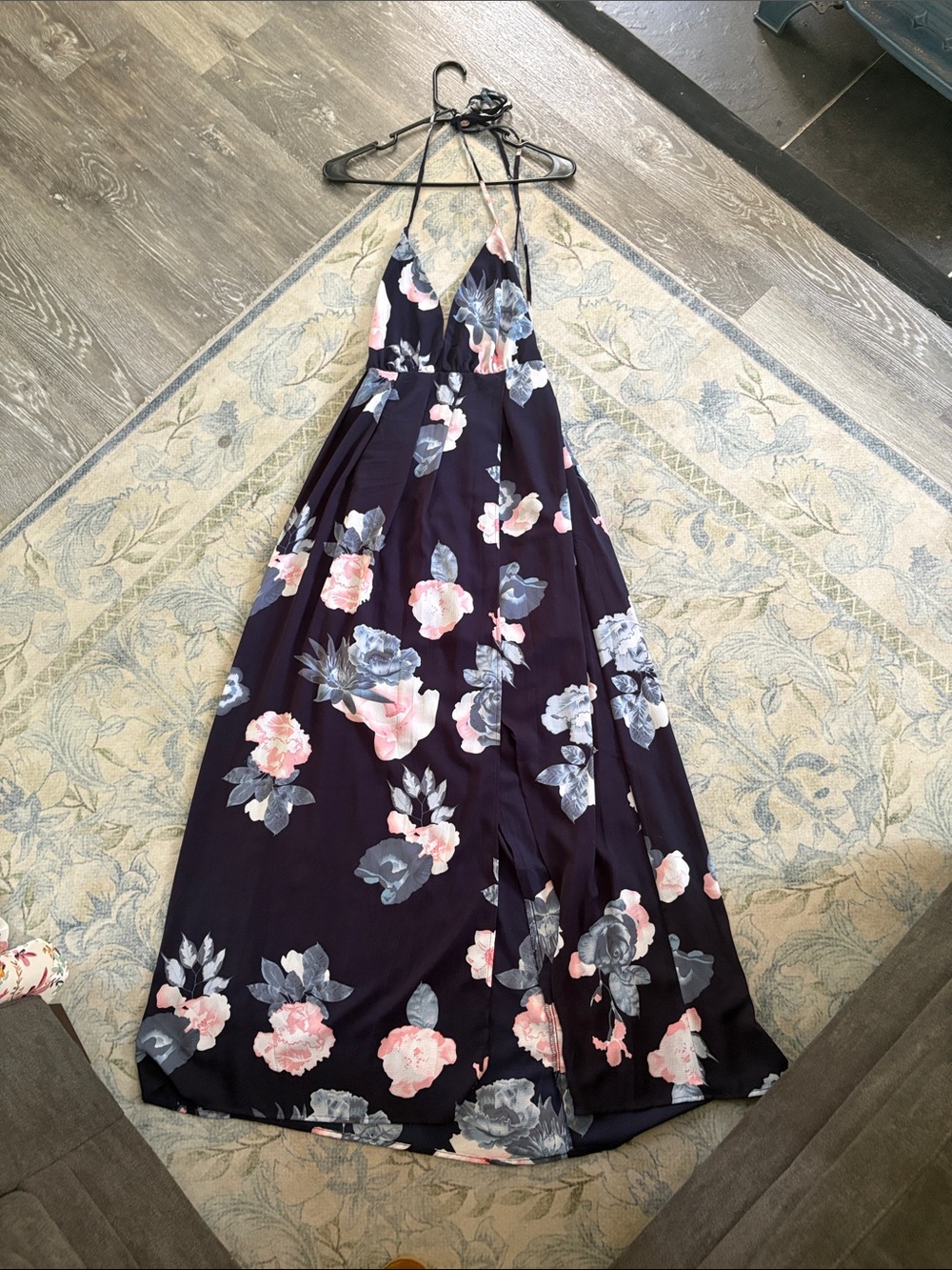 Floral Halter Maxi Dress in Navy with Pink Blooms
